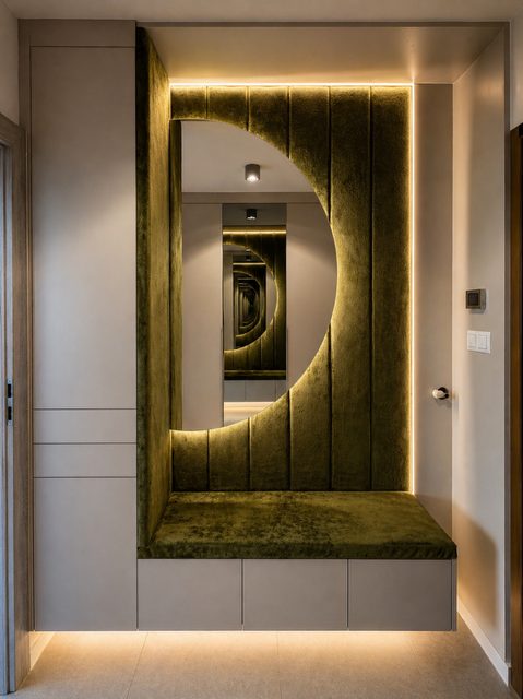 Zabudowa przedpokoju z tapicerowaną ścianą, lustrem i podświetleniem